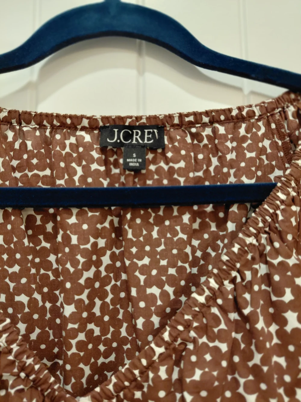J. Crew Brown and White Printed Smocked Peasant Blouse #0958
